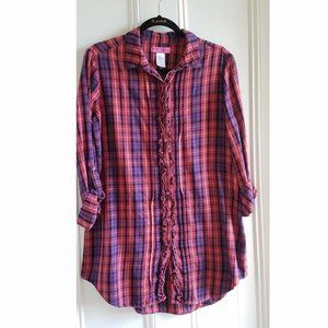 Betsy Johnson Intimates Nightshirt/Nightgown w/Ruffles~Red Purple Plaid Cotton~M